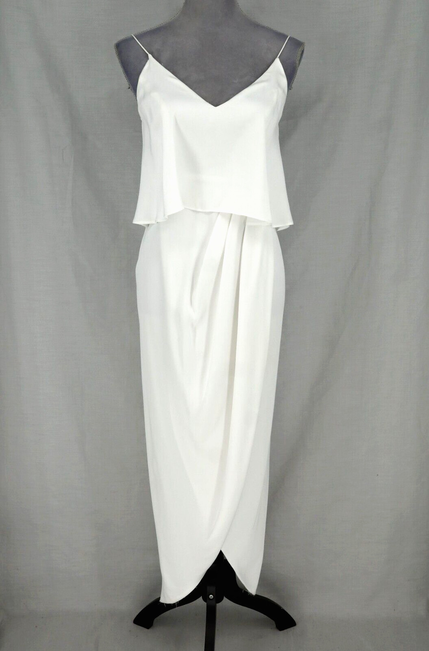 Shona Joy Slip Dress Womens 2 White Chiffon Faux Wrap Bottom Lined Wedding Prom